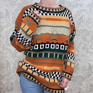 Vintage 80s 90s Sweater Cabincore Funky 3D Knit Pullover Whimsy Womens M Checker